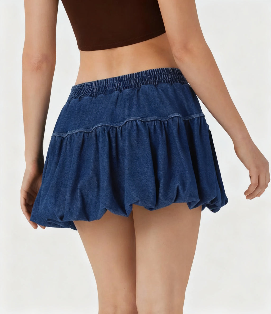 Mid-Rise Denim Bubble Mini Skirt