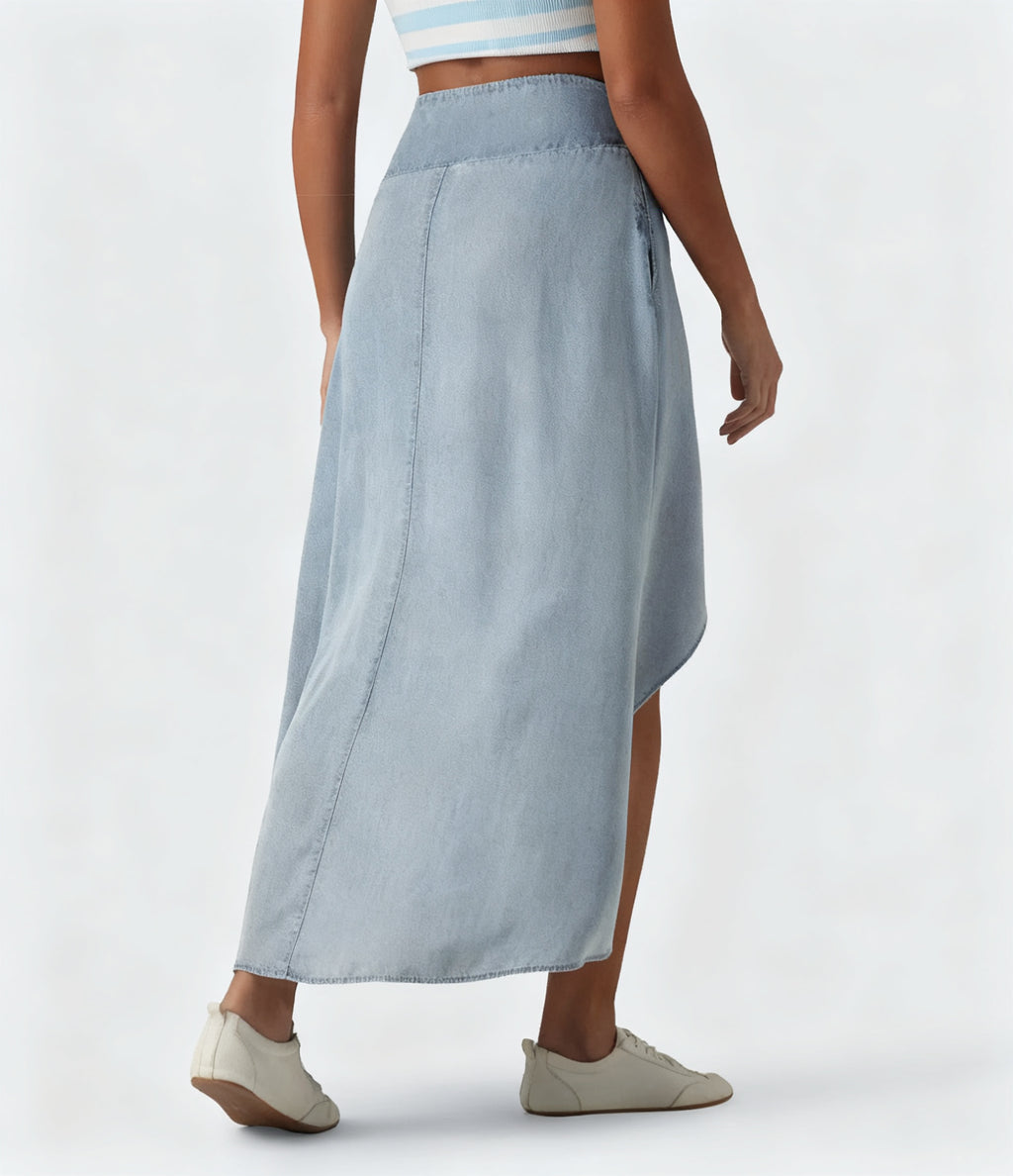 High-Waisted Draped Denim Midi Skirt